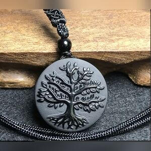 Obsidian Men's Frosted Tree of Life Necklace Pendant